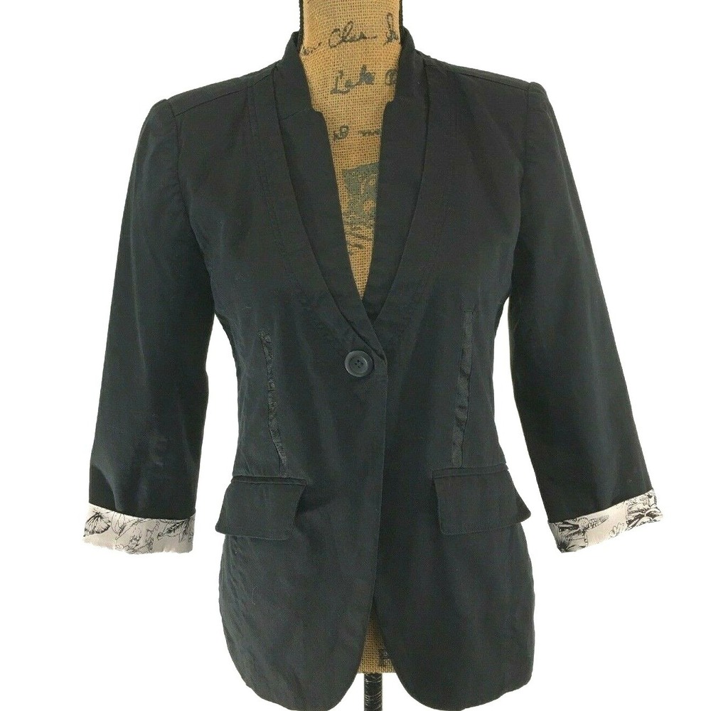 LOB Collection Blazer MED Black 3/4 Sl Unique Cuff 2 Pocket Ribbon Trim Jacket